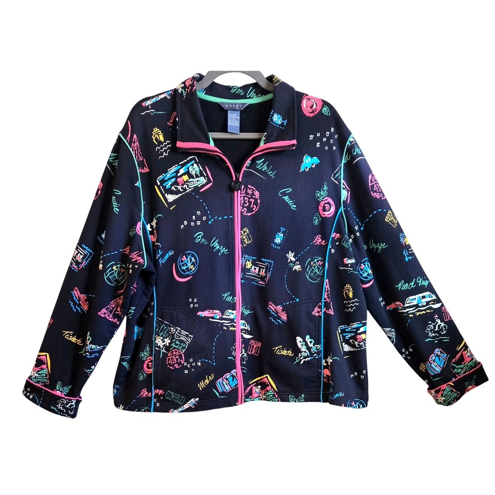 Koret Womens XL Vintage Black Travel Print Zip Up Jacket Bon Voyage Neon Novelty